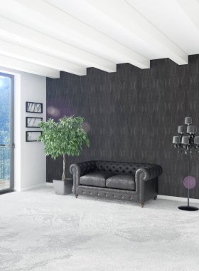 Beyaz yatak odası en az stil iç tasarım ahşap duvar ve gri Kanepeli. 3D render. 3D çizim