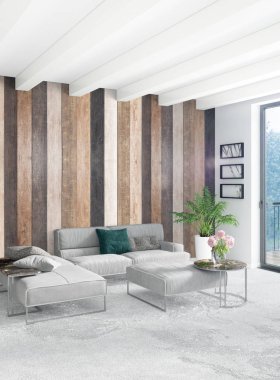 Beyaz yatak odası en az stil iç tasarım ahşap duvar ve gri Kanepeli. 3D render. 3D çizim