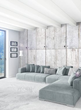 Beyaz yatak odası en az stil iç tasarım ahşap duvar ve gri Kanepeli. 3D render. 3D çizim