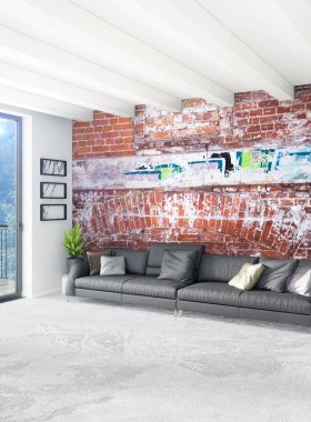 Beyaz yatak odası en az stil iç tasarım ahşap duvar ve gri Kanepeli. 3D render. 3D çizim