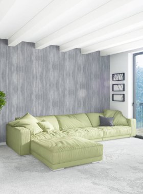 Beyaz yatak odası en az stil iç tasarım ahşap duvar ve gri Kanepeli. 3D render. 3D çizim