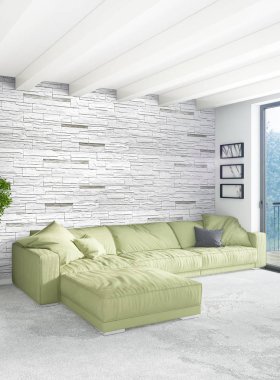 Beyaz yatak odası en az stil iç tasarım ahşap duvar ve gri Kanepeli. 3D render. 3D çizim