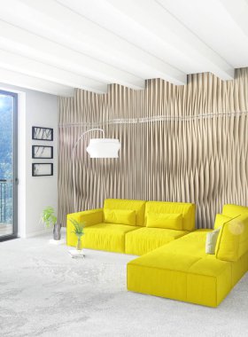 Beyaz yatak odası en az stil iç tasarım ahşap duvar ve gri Kanepeli. 3D render. 3D çizim