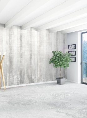 Beyaz yatak odası en az stil iç tasarım ahşap duvar ve gri Kanepeli. 3D render. 3D çizim