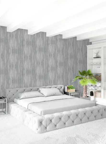 Beyaz yatak odası en az stil iç tasarım ahşap duvar ve gri Kanepeli. 3D render. 3D çizim