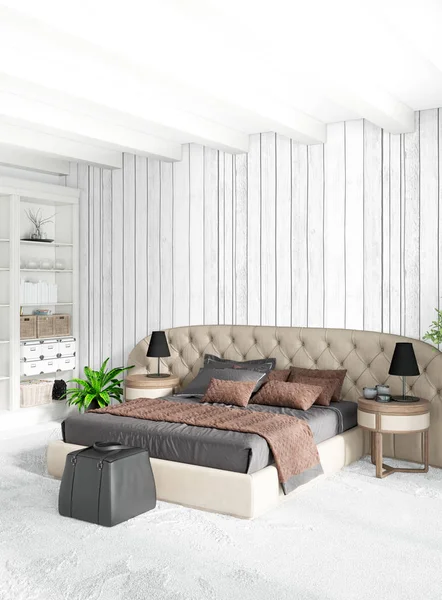 Beyaz yatak odası en az stil iç tasarım ahşap duvar ve gri Kanepeli. 3D render. 3D çizim