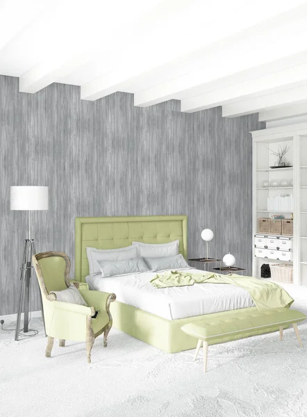 Beyaz yatak odası en az stil iç tasarım ahşap duvar ve gri Kanepeli. 3D render. 3D çizim