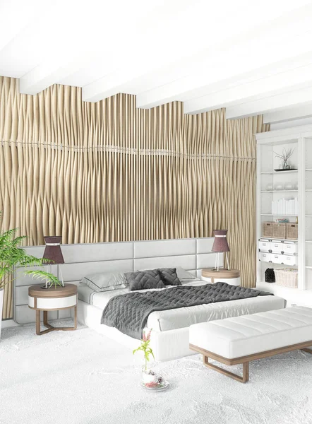 Beyaz yatak odası en az stil iç tasarım ahşap duvar ve gri Kanepeli. 3D render. 3D çizim