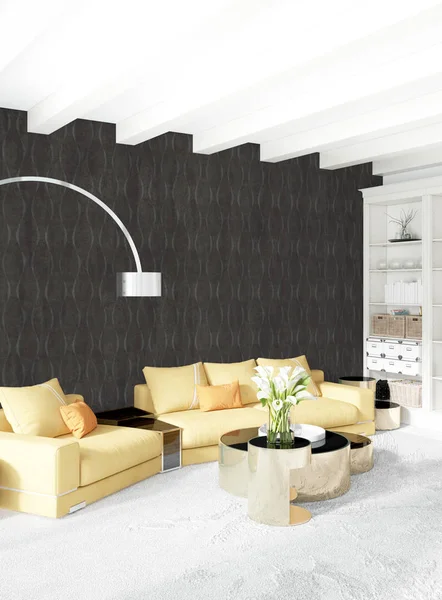 Beyaz yatak odası en az stil iç tasarım ahşap duvar ve gri Kanepeli. 3D render. 3D çizim