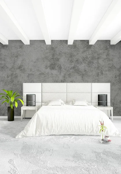 White bedroom minimal style Interior design with wood wall and grey sofa. 3D Rendering. 3D illustration