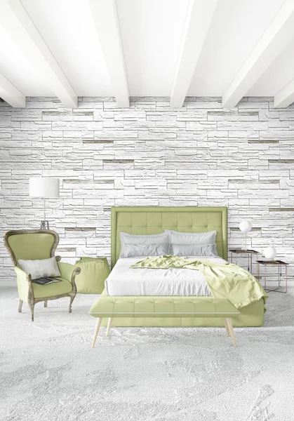 Beyaz yatak odası en az stil iç tasarım ahşap duvar ve gri Kanepeli. 3D render. 3D çizim