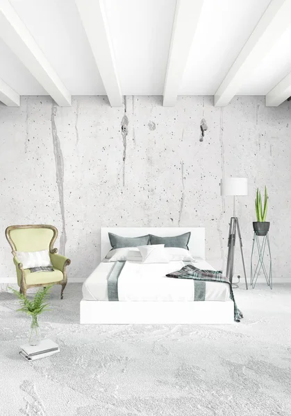 Beyaz yatak odası en az stil iç tasarım ahşap duvar ve gri Kanepeli. 3D render. 3D çizim