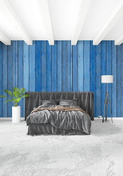 Beyaz yatak odası en az stil iç tasarım ahşap duvar ve gri Kanepeli. 3D render. 3D çizim