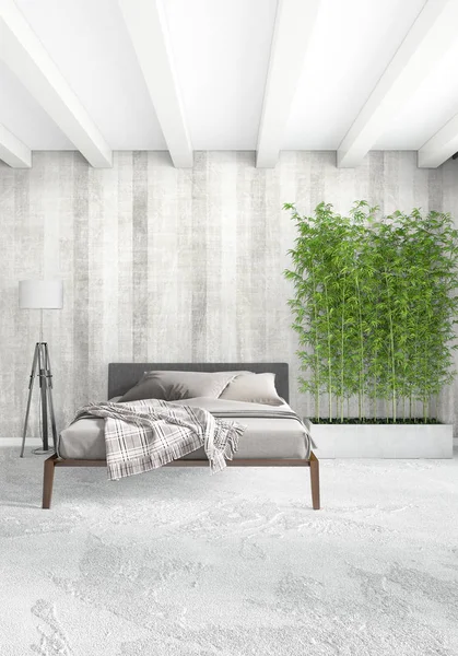 Beyaz yatak odası en az stil iç tasarım ahşap duvar ve gri Kanepeli. 3D render. 3D çizim