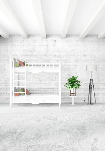 Beyaz yatak odası en az stil iç tasarım ahşap duvar ve gri Kanepeli. 3D render. 3D çizim