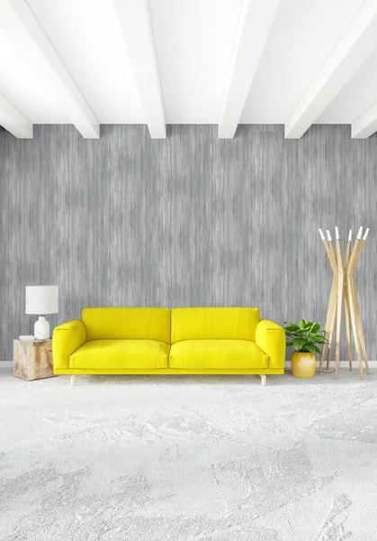 Beyaz yatak odası en az stil iç tasarım ahşap duvar ve gri Kanepeli. 3D render. 3D çizim