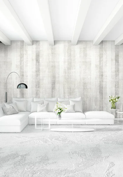 Beyaz yatak odası en az stil iç tasarım ahşap duvar ve gri Kanepeli. 3D render. 3D çizim