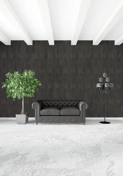 Beyaz yatak odası en az stil iç tasarım ahşap duvar ve gri Kanepeli. 3D render. 3D çizim