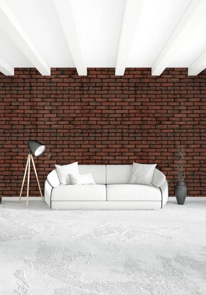 Beyaz yatak odası en az stil iç tasarım ahşap duvar ve gri Kanepeli. 3D render. 3D çizim