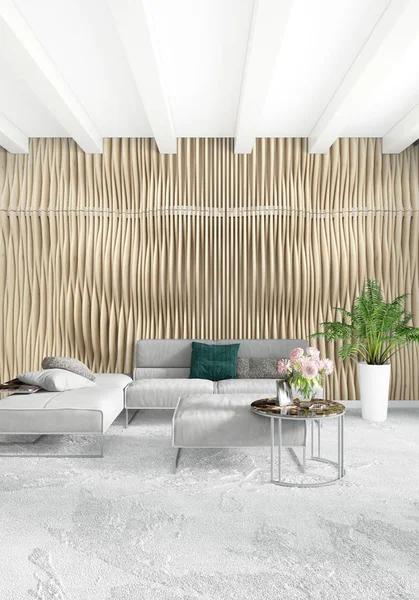 Beyaz yatak odası en az stil iç tasarım ahşap duvar ve gri Kanepeli. 3D render. 3D çizim