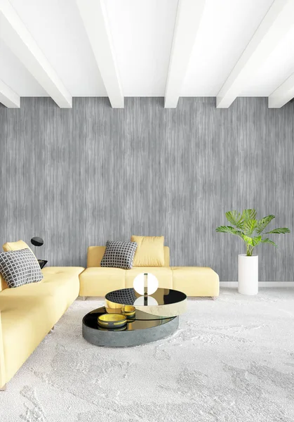 Beyaz yatak odası en az stil iç tasarım ahşap duvar ve gri Kanepeli. 3D render. 3D çizim