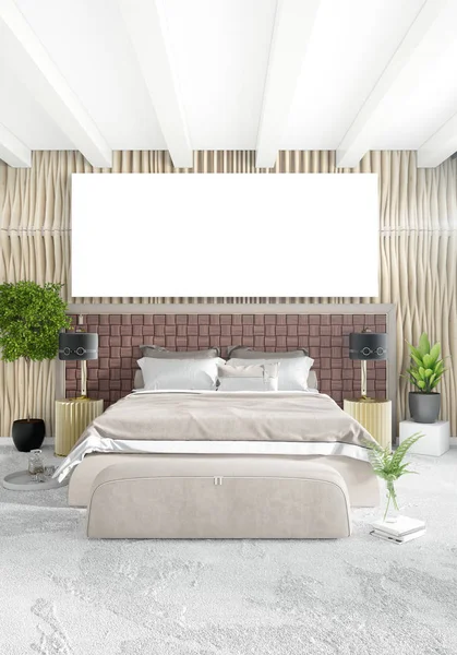 Beyaz yatak odası en az stil iç tasarım ahşap duvar ve gri Kanepeli. 3D render. 3D çizim