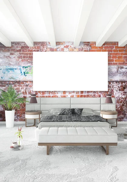 Beyaz yatak odası en az stil iç tasarım ahşap duvar ve gri Kanepeli. 3D render. 3D çizim