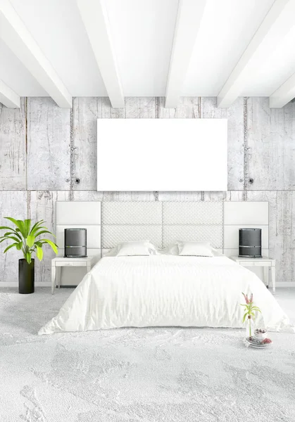 Beyaz yatak odası en az stil iç tasarım ahşap duvar ve gri Kanepeli. 3D render. 3D çizim