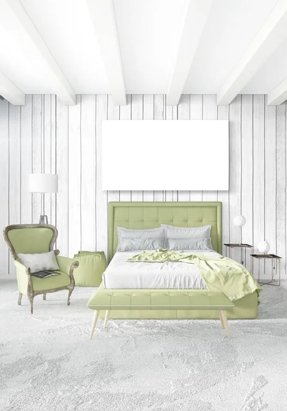 Beyaz yatak odası en az stil iç tasarım ahşap duvar ve gri Kanepeli. 3D render. 3D çizim