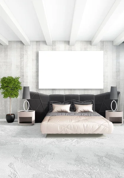 Bílá ložnice minimální styl design interiéru s dřevěnou stěnou a šedou pohovku. 3D vykreslování. 3D obrázek — Stock fotografie