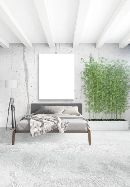 Beyaz yatak odası en az stil iç tasarım ahşap duvar ve gri Kanepeli. 3D render. 3D çizim