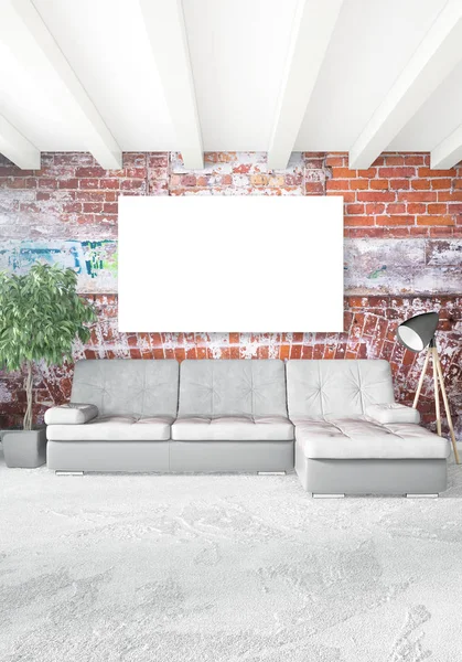 Beyaz yatak odası en az stil iç tasarım ahşap duvar ve gri Kanepeli. 3D render. 3D çizim