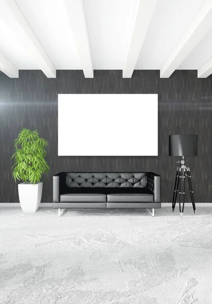 Beyaz yatak odası en az stil iç tasarım ahşap duvar ve gri Kanepeli. 3D render. 3D çizim