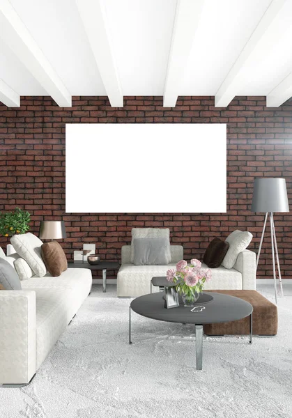 Minste interiørdesign med trevegg og grå sofa. 3D-gjengivelse. 3D-illustrasjon – stockfoto