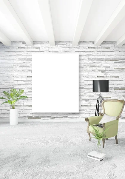 Beyaz yatak odası en az stil iç tasarım ahşap duvar ve gri Kanepeli. 3D render. 3D çizim