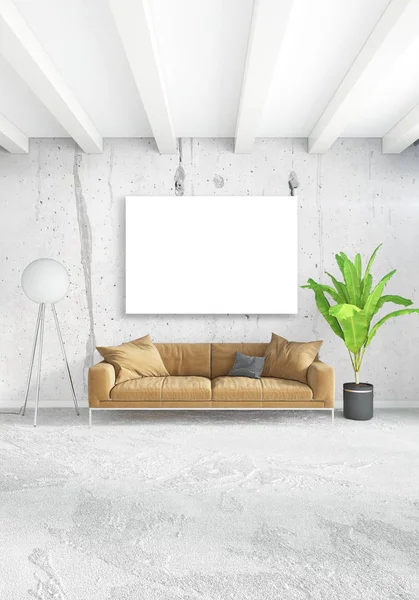 Beyaz yatak odası en az stil iç tasarım ahşap duvar ve gri Kanepeli. 3D render. 3D çizim