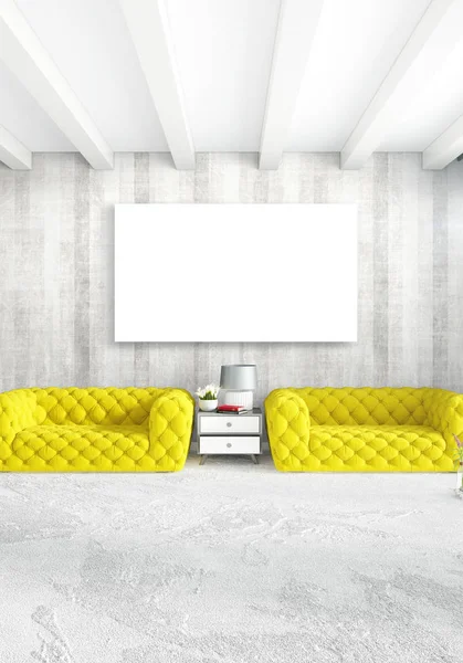 Beyaz yatak odası en az stil iç tasarım ahşap duvar ve gri Kanepeli. 3D render. 3D çizim