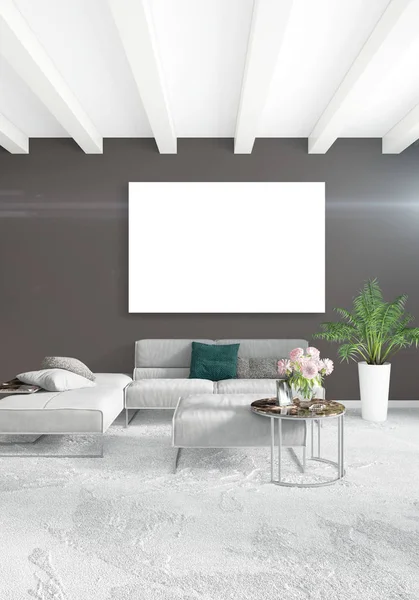 Beyaz yatak odası en az stil iç tasarım ahşap duvar ve gri Kanepeli. 3D render. 3D çizim