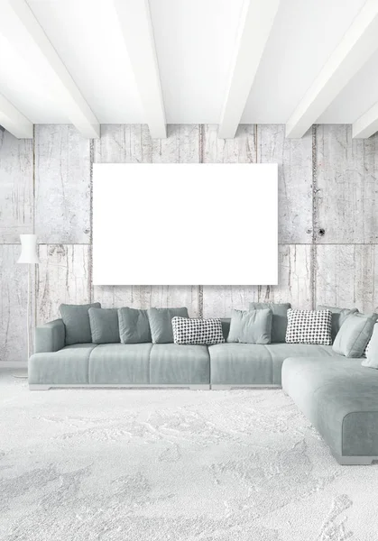 Beyaz yatak odası en az stil iç tasarım ahşap duvar ve gri Kanepeli. 3D render. 3D çizim