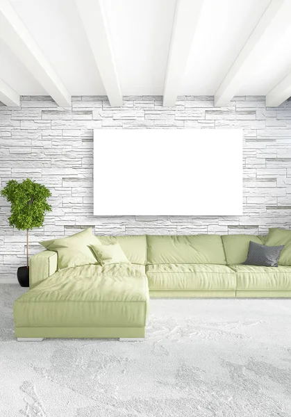 Beyaz yatak odası en az stil iç tasarım ahşap duvar ve gri Kanepeli. 3D render. 3D çizim