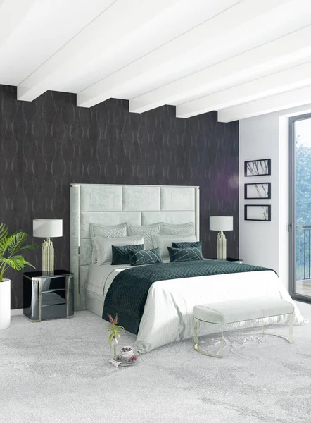 Beyaz yatak odası en az stil iç tasarım ahşap duvar ve gri Kanepeli. 3D render. 3D çizim
