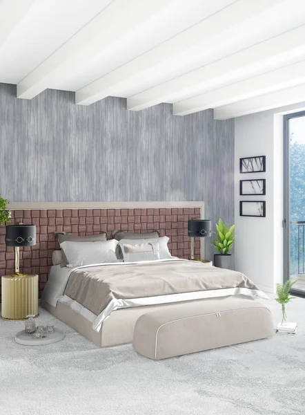 Beyaz yatak odası en az stil iç tasarım ahşap duvar ve gri Kanepeli. 3D render. 3D çizim