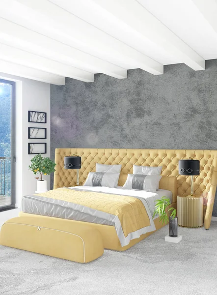 Quarto branco estilo mínimo Design de interiores com parede de madeira e sofá cinza. Renderização 3D. Ilustração 3D — Fotografia de Stock