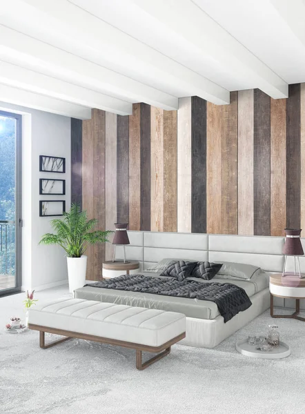 Beyaz yatak odası en az stil iç tasarım ahşap duvar ve gri Kanepeli. 3D render. 3D çizim
