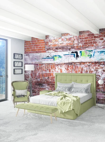 Beyaz yatak odası en az stil iç tasarım ahşap duvar ve gri Kanepeli. 3D render. 3D çizim