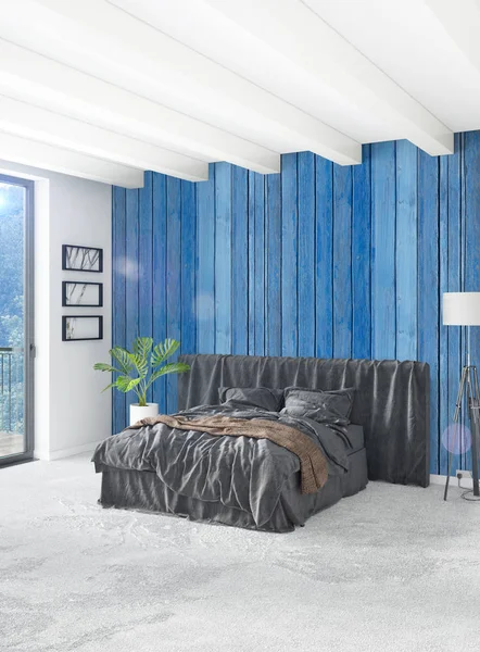 Beyaz yatak odası en az stil iç tasarım ahşap duvar ve gri Kanepeli. 3D render. 3D çizim