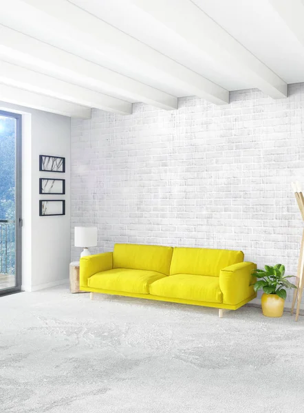 Beyaz yatak odası en az stil iç tasarım ahşap duvar ve gri Kanepeli. 3D render. 3D çizim