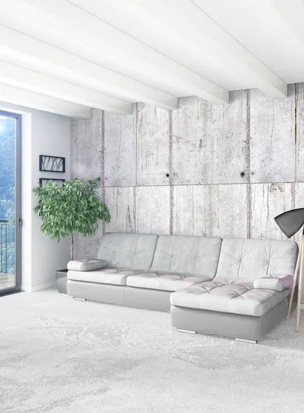 Beyaz yatak odası en az stil iç tasarım ahşap duvar ve gri Kanepeli. 3D render. 3D çizim