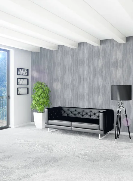 Beyaz yatak odası en az stil iç tasarım ahşap duvar ve gri Kanepeli. 3D render. 3D çizim