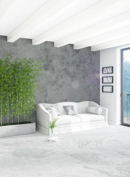 Kamar tidur putih desain minimal interior dengan dinding kayu dan sofa abu-abu. Perilisan 3D. Ilustrasi 3D — Stok Foto